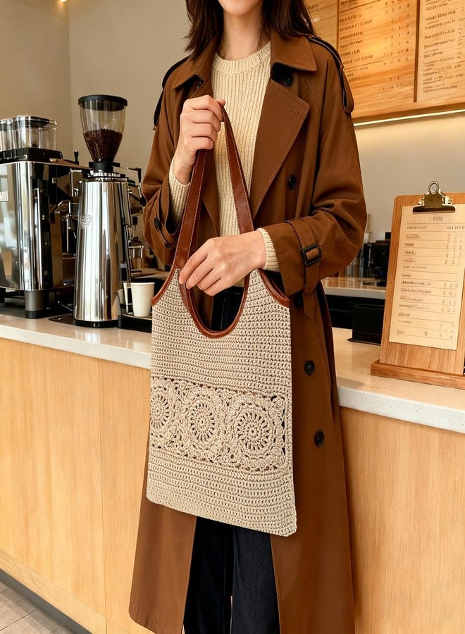 Eiyye Crochet Tote Bag for Women Handmade Flat Woven Shoulder Purse with Wide Leather Straps Lightweight Boho Bag for Shopping Travel Daily Use - Image 5